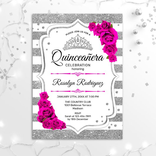 Quinceanera - White Silver Stripes Hot Pink Kaart