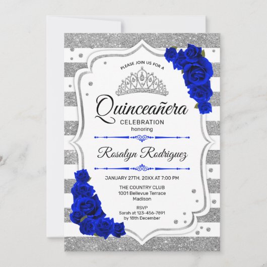 Quinceanera - White Silver Stripes Royal Blue Kaart (Voorkant)