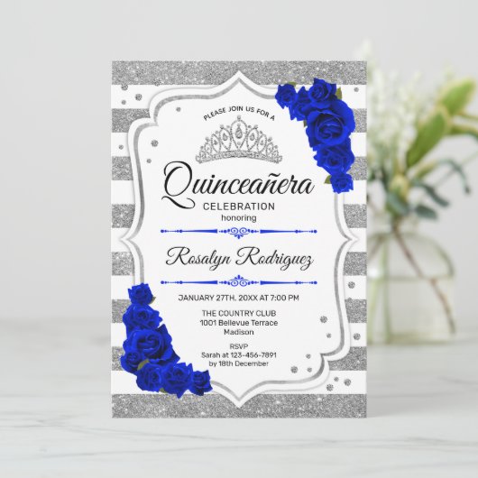 Quinceanera - White Silver Stripes Royal Blue Kaart (Staand voorkant)