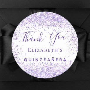 Quinceanera white violet glitter name bedankt ronde sticker