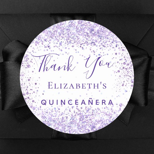 Quinceanera white violet glitter name bedankt ronde sticker