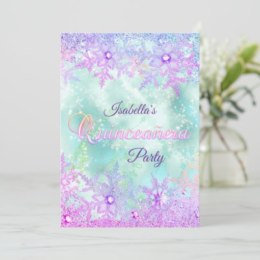 Quinceanera Winter Blauwgroen Blauw Paars Roze Kaart (Staand voorkant)