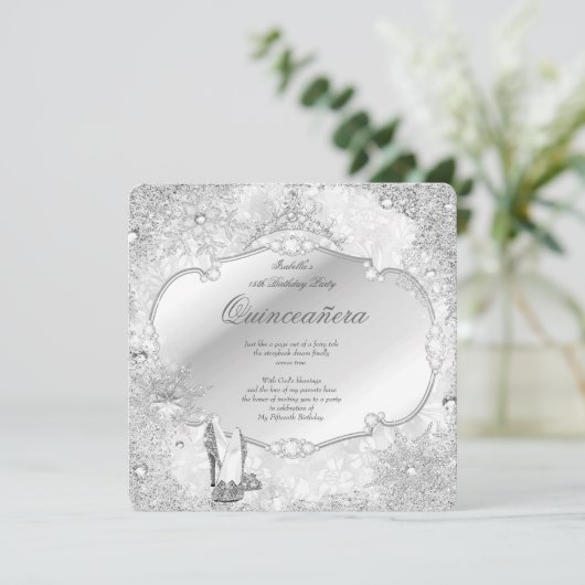 Quinceanera Winter Wonderland Silver Snowflake A Kaart (Staand voorkant)