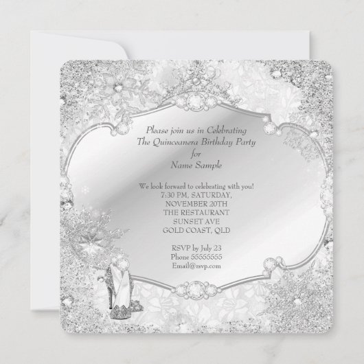Quinceanera Winter Wonderland Silver Snowflake A Kaart (Achterkant)