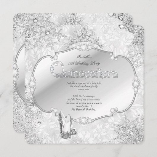 Quinceanera Winter Wonderland Silver Snowflake B Kaart (Voorkant / Achterkant)