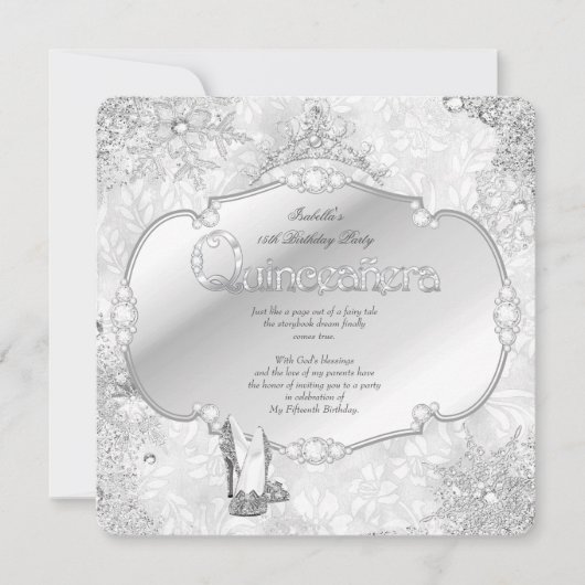 Quinceanera Winter Wonderland Silver Snowflake B Kaart (Voorkant)