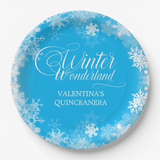 Quinceanera Winter Wonderland Sneeuwvlok Blauw Papieren Bordje (Voorkant)