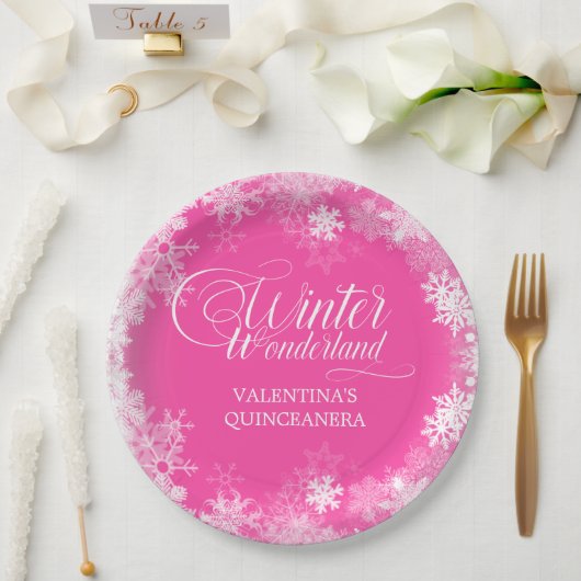 Quinceanera Winter Wonderland Sneeuwvlok Roze Papieren Bordje (Huwelijk)