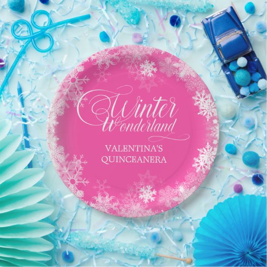 Quinceanera Winter Wonderland Sneeuwvlok Roze Papieren Bordje (Feest)