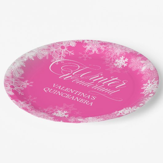 Quinceanera Winter Wonderland Sneeuwvlok Roze Papieren Bordje (Gekanteld)