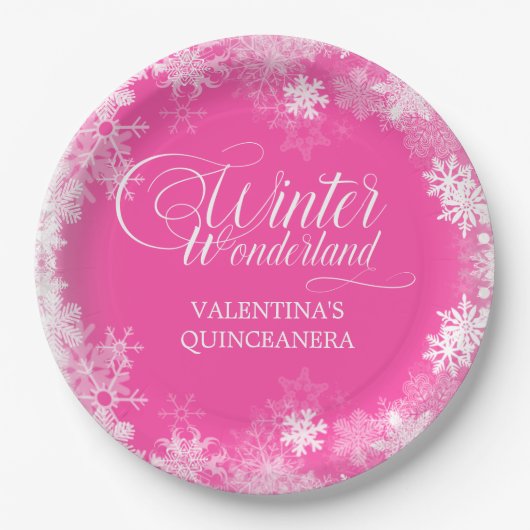 Quinceanera Winter Wonderland Sneeuwvlok Roze Papieren Bordje (Voorkant)