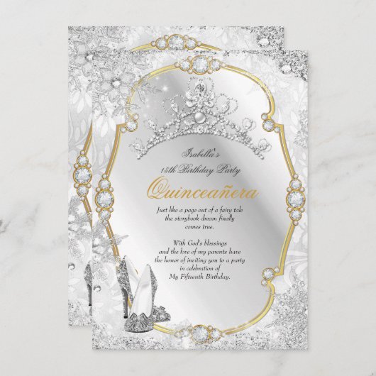 Quinceanera Winter Wonderland Snowflake Gold White Kaart (Voorkant / Achterkant)