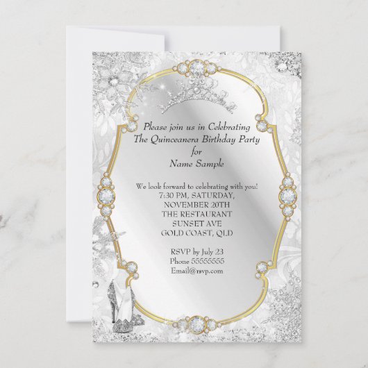 Quinceanera Winter Wonderland Snowflake Gold White Kaart (Achterkant)