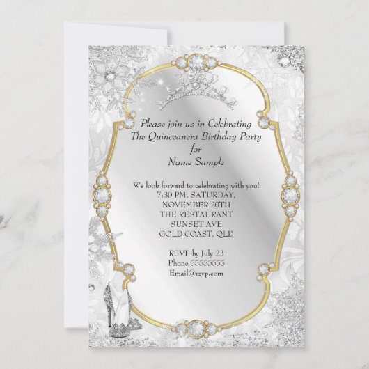 Quinceanera Winter Wonderland Snowflake Gold White Kaart (Achterkant)