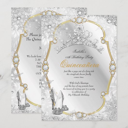 Quinceanera Winter Wonderland Snowflake Gold White Kaart (Voorkant / Achterkant)