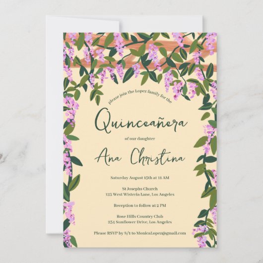 Quinceañera Wisteria Vines Floral Custom Foto Kaart (Voorkant)