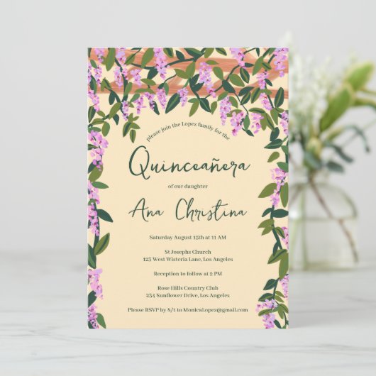 Quinceañera Wisteria Vines Floral Custom Foto Kaart (Staand voorkant)