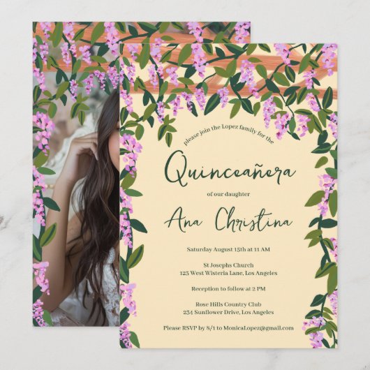 Quinceañera Wisteria Vines Floral Custom Foto Kaart (Voorkant / Achterkant)