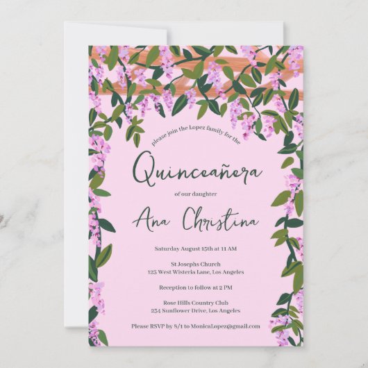 Quinceañera Wisteria Vines Floral Custom Foto Kaart (Voorkant)