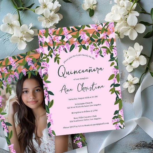 Quinceañera Wisteria Vines Floral Custom Foto Kaart