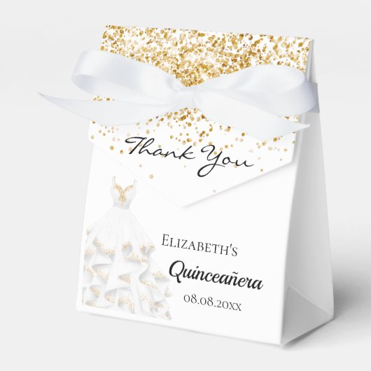 Quinceanera wit goud jurk dank u bedankdoosjes (Voorkant Zijde)