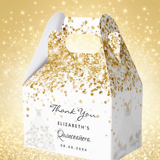 Quinceanera wit goud jurk dank u bedankdoosjes