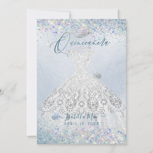 Quinceanera Wit Goud Stof Blauw Glitter Jurk Kaart (Voorkant)