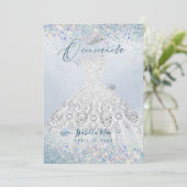 Quinceanera Wit Goud Stof Blauw Glitter Jurk Kaart (Staand voorkant)