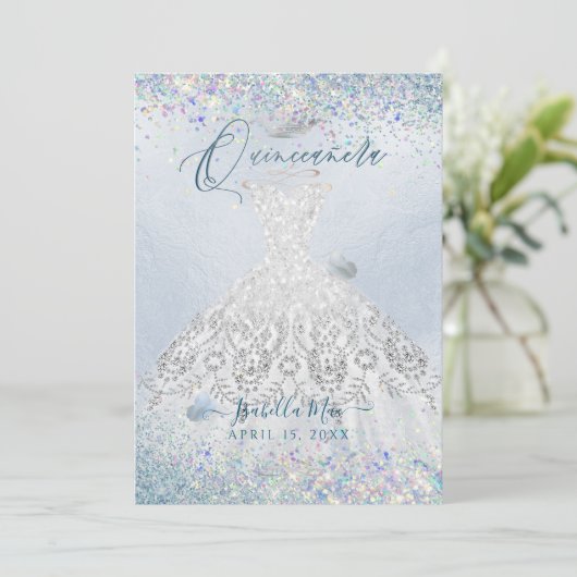Quinceanera Wit Goud Stof Blauw Glitter Jurk Kaart (Staand voorkant)