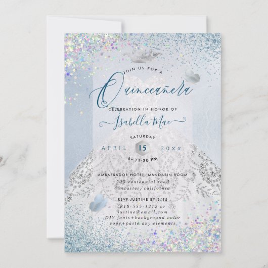 Quinceanera Wit Goud Stof Blauw Glitter Jurk Kaart (Achterkant)