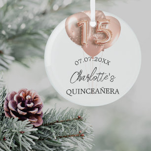 Quinceanera wit rosé gouden ballonnen naam glas ornament