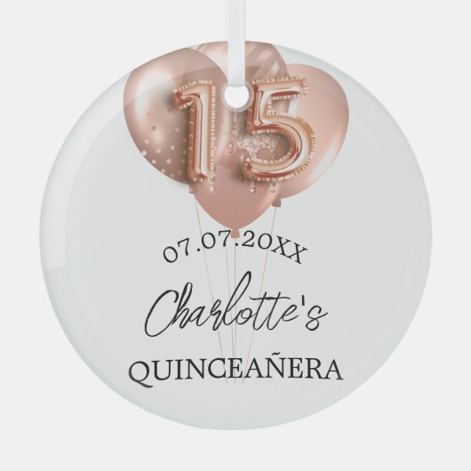 Quinceanera wit rosé gouden ballonnen naam glas ornament (Voorkant)