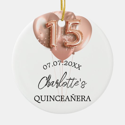 Quinceanera wit rosé gouden ballonnen naam keramisch ornament (Voorkant)