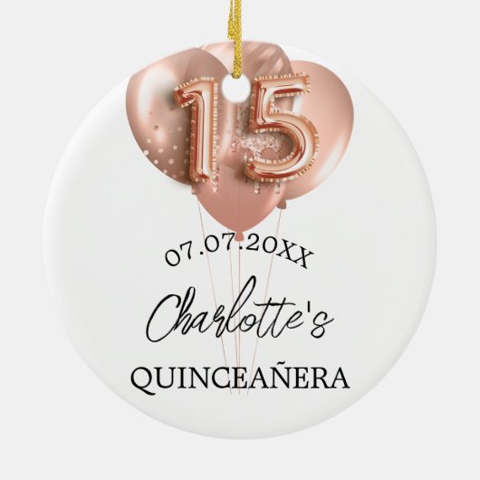 Quinceanera wit rosé gouden ballonnen naam keramisch ornament (Achterkant)