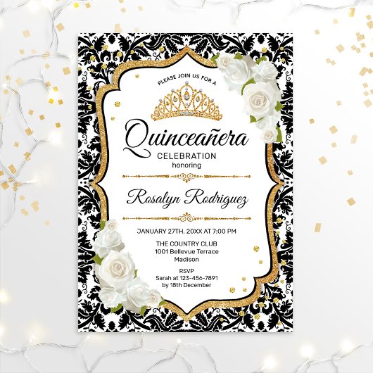 Quinceanera - Wit Zwart Damask Goud Kaart