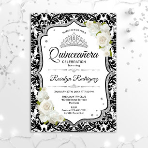 Quinceanera - Wit Zwart Damast Zilver Kaart
