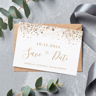 Quinceanera witgouden glitters save the date aankondiging