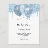 Quinceanera witte blauwe ballonnen glitter druppel uitnodiging briefkaart (Voorkant)