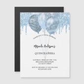 Quinceanera witte blauwe ballonnen glitter luxe magnetische uitnodiging (Voorkant / Achterkant)