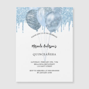 Quinceanera witte blauwe ballonnen glitter luxe magnetische uitnodiging