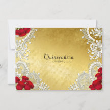 Quinceanera Witte Kant Rode Rozen op Goud