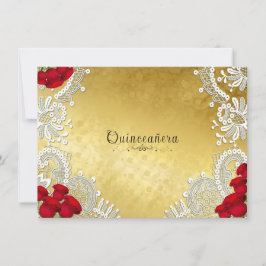 Quinceanera Witte Kant Rode Rozen op Goud Kaart