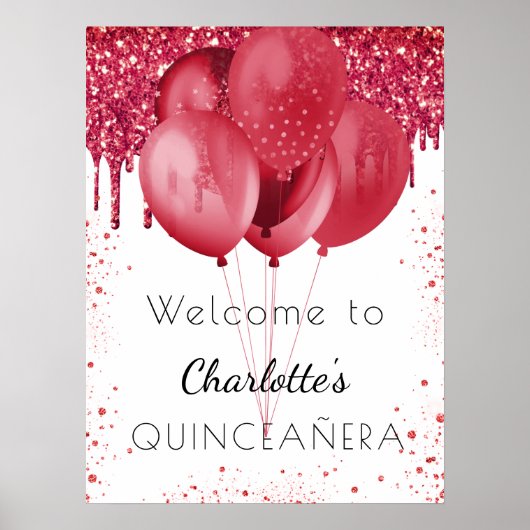 Quinceanera witte rode glitter welkomstballonnen poster (Voorkant)