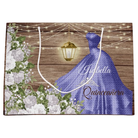 Quinceañera Wood en Purple Flowers Groot Cadeauzakje (Voorkant)