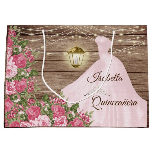 Quinceañera Wood en Roze Mauve Flowers Groot Cadeauzakje (Voorkant)