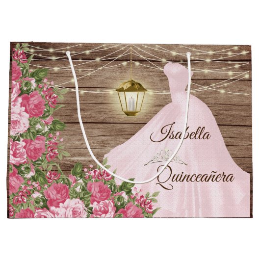 Quinceañera Wood en Roze Mauve Flowers Groot Cadeauzakje (Achterkant)