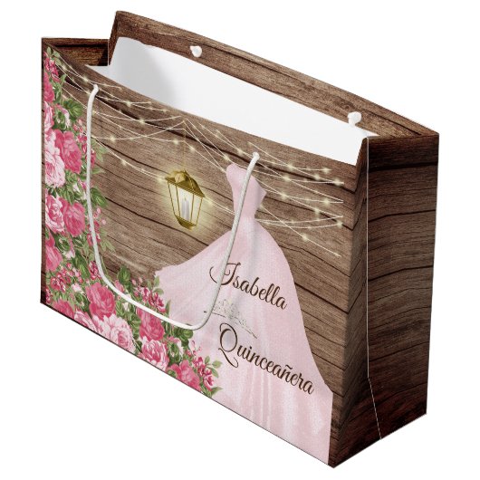 Quinceañera Wood en Roze Mauve Flowers Groot Cadeauzakje (Voorkant Gekanteld)