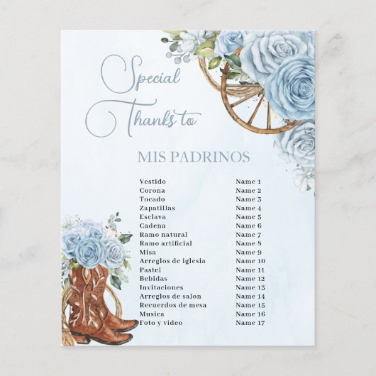 Quinceañera XV 15 Baby Blauw Bloemen Charro Padrin (Voorkant)