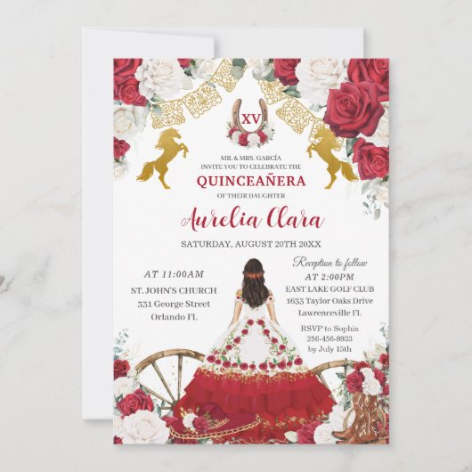 Quinceañera XV 15 Charro Rood Wit Bloemen Paarden Kaart (Voorkant)