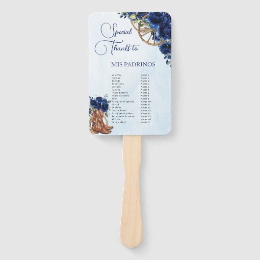 Quinceañera XV 15 Royal Blue Floral Charro Padrino Handwaaier (Voorkant)